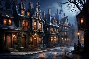 Fototapeta na wymiar Halloween background with old town houses in the fog and moonlight