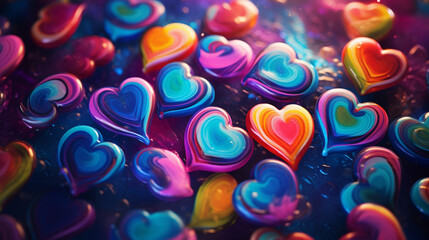 An arrangement of retro candy hearts amid swirling tie-dye patterns, Psychadelic collage, Valentines Day, retro, blurred background, with copy space - obrazy, fototapety, plakaty