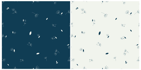 Naklejka premium Abstarct dandelion repeat pattern background. Dandelion seed silhouette seamless pattern for print on dark and white backfround. For textile, paper wrap, wallpaper and etc. 