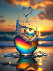 Heart-shaped Water Splash in Wine Glass at Sunset - obrazy, fototapety, plakaty