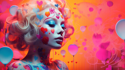 An artistic blend of 60s love symbols and modern psychedelic aesthetics, Psychadelic collage, Valentines Day, retro, blurred background, with copy space