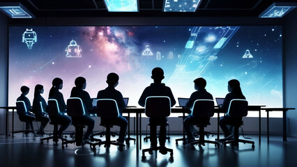 Silhouettes of business people in conference hall with glowing icons. Mixed media, AI generated