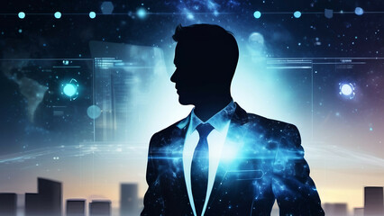 Silhouette of businessman on abstract city background with hologram, AI generated