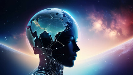3D rendering of artificial intelligence concept with planet earth and human head, AI generated