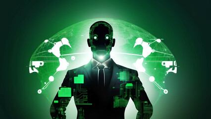 Robot man in suit against digital image of planet Earth. 3D rendering, AI generated