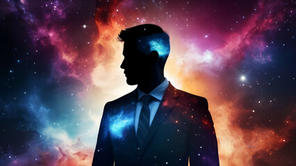 Silhouette of a businessman in front of a galaxy background, AI generated