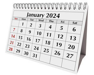 January 2024 calendar. Page of the annual business desk month winter calendar isolated on transparent png background