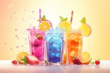 Fresh smoothies and sparkling drinks design with cute doodle decoration. Fruit refreshment and soft drinks in glasses. 3D illustration blended smoothie
