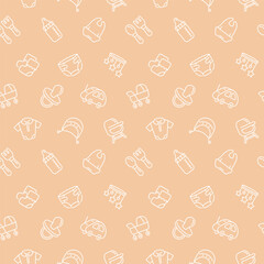 Seamless pattern with linear icons of baby and children products.