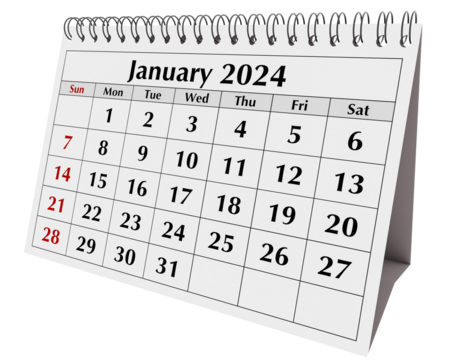 January 2024 calendar. Page of the annual business desk month winter calendar isolated on transparent png background