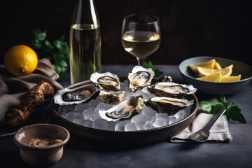 Opened oysters and lemon with white wine on a table