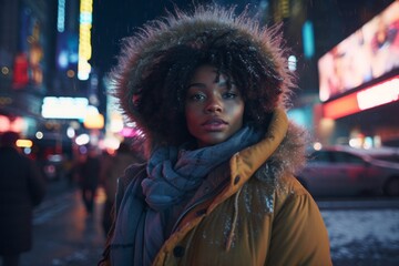 Portrait of a content afro-american woman in her 20s wearing a warm parka against a bustling city street at night. AI Generation