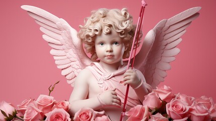 Fototapeta premium Curly hair cupid doll with bow and arrow background image