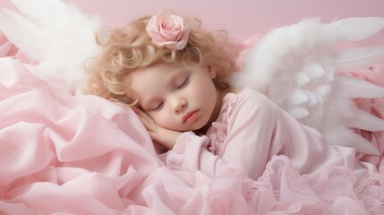 Fototapeta na wymiar Blonde curly hair angelic girl sleeping background image
