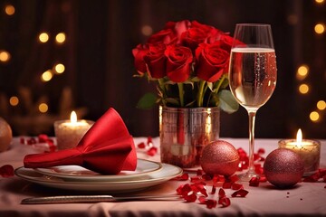 Valentine's day table setting with red roses, candles and champagne