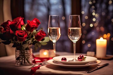 
Romantic dinner table setting with two glasses of champagne, red roses bouquet and candles in the background