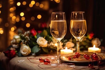 Two glasses of champagne on a table in a restaurant with candles and roses