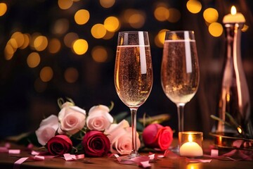 Two glasses of champagne and roses with a candle on the table on a bokeh background