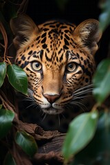 Crouching jaguar in a tree as it observes its surroundings, Generative AI
