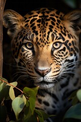 Obraz premium Crouching jaguar in a tree as it observes its surroundings, Generative AI