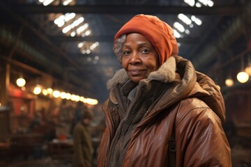 Portrait of a merry afro-american woman in her 80s wearing a warm parka against a bustling factory floor. AI Generation
