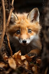 Red fox peeking out from behind tree roots, Generative AI