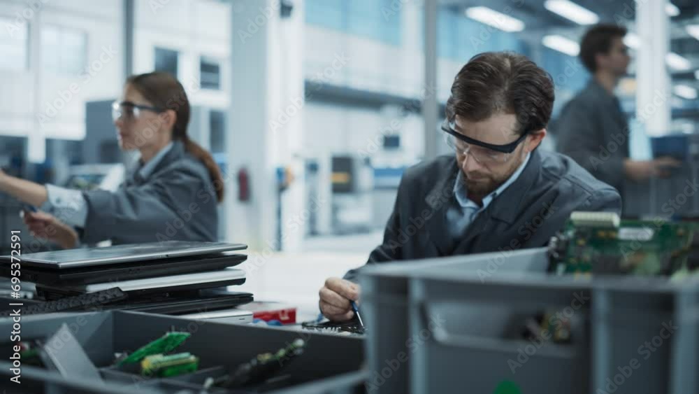 Poster caucasian male and female workers taking apart old laptops to recycle electronic components for micr
