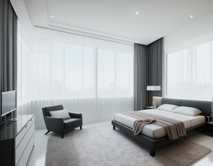 Modern elegant minimalistic bedroom interior design, 3d rendering