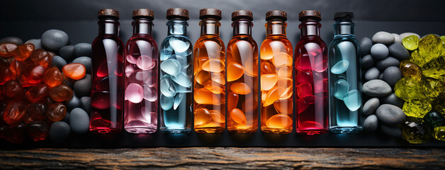 Side closeup photograph of wide colorful cosmetic oil items in colorful bottles lay in manner on a table  - obrazy, fototapety, plakaty