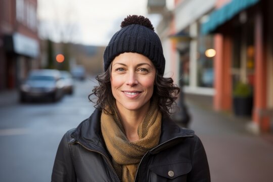 Portrait Of A Glad Woman In Her 40s Donning A Warm Wool Beanie Against A Charming Small Town Main Street. AI Generation