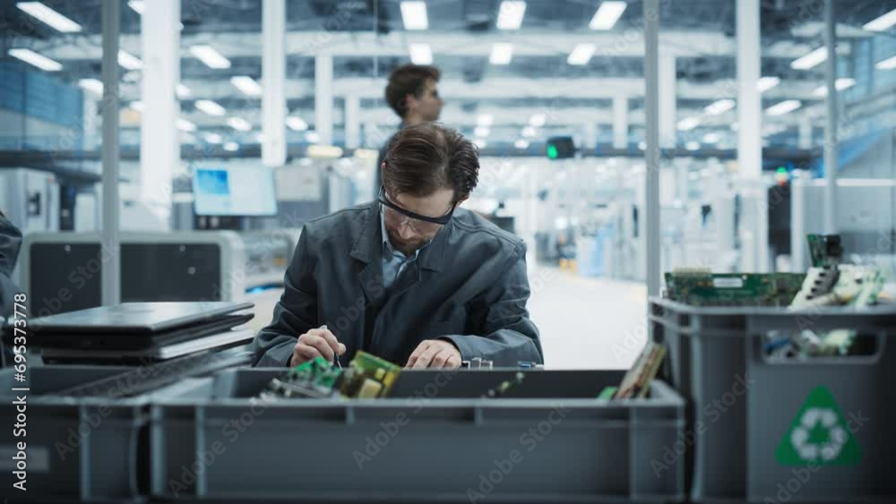 Aufkleber Caucasian Male Worker Disassembling Old Laptops To Recycle Electronic Components For Sustainable Microchip Production At Electronics Factory. Man Unscrewing Motherboards And Sorting Parts In Boxes.