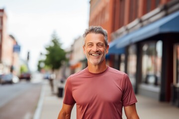 Fototapeta premium Portrait of a joyful man in his 50s wearing a moisture-wicking running shirt against a charming small town main street. AI Generation
