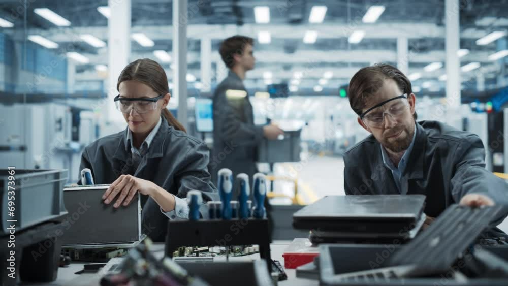 Poster caucasian male and female employees taking apart old laptops to recycle electronic components for mi