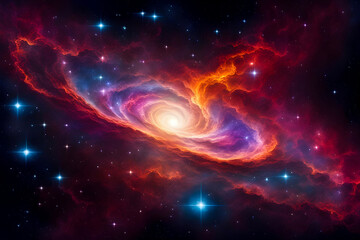Colorful space with planets, stars, and a spiral galaxy in the center
