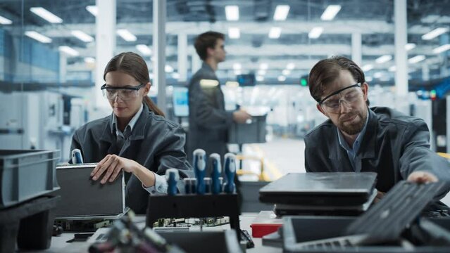 Caucasian Male And Female Employees Taking Apart Old Laptops To Recycle Electronic Components For Microchip Production At an Electronics Factory. Man And Woman Unscrewing and Sorting Computer Parts.
