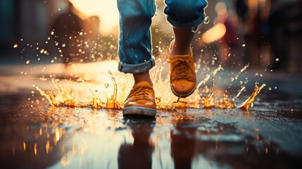 A person wearing yellow shoes and socks standing in a puddle of water, AI - Powered by Adobe