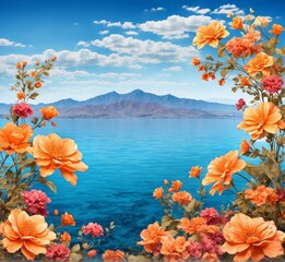 Beautiful summer flowers on the background of the sea and mountains.