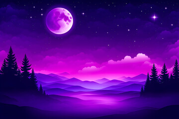 Fototapeta na wymiar Night landscape with moon, valley and mountains. Blue and purple colors