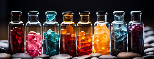 Side closeup photograph of wide colorful cosmetic oil items in colorful bottles lay in manner on a table  - obrazy, fototapety, plakaty
