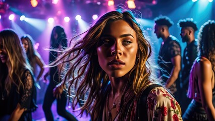 A girl dancing at a disco, people in the background