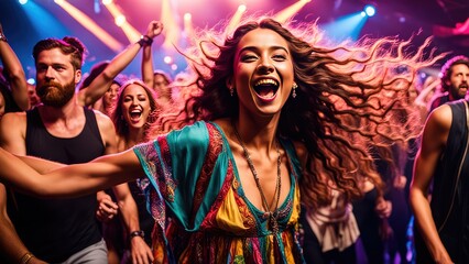 A girl dancing at a disco, people in the background