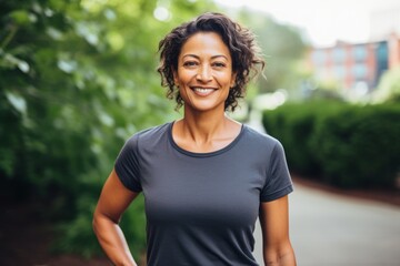 Portrait of a joyful indian woman in her 40s dressed in a casual t-shirt against a vibrant city park. AI Generation