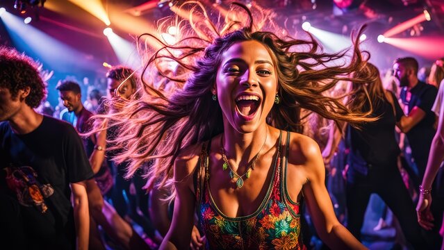 A girl dancing at a disco, people in the background