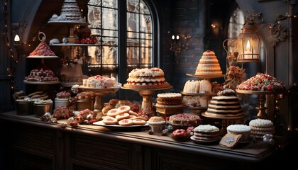 Group of different cakes on display in a bakery shop, panorama