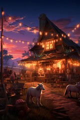 Beautiful night view of a village with a horse in the foreground