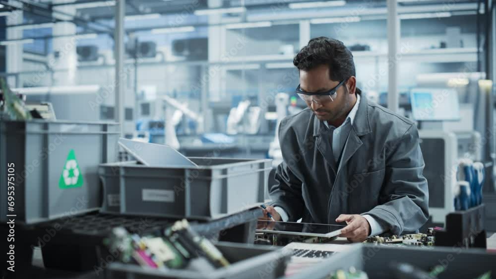 Aufkleber Indian Male Worker Disassembling Old Laptops To Recycle Electronic Components For Microchip Production At an Automated Electronics Factory With Robotic Arms. Man Unscrewing Displays And Sorting Them.