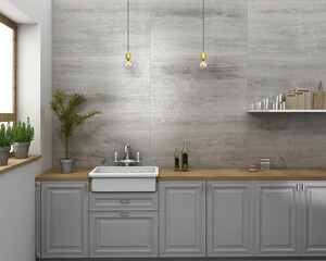 Luxury kitchen interior with grey marble floor, grey kitchen furniture shelfs, wooden dining table and chairs, hanging lamp, window wall to beautiful view. 3D Rendering