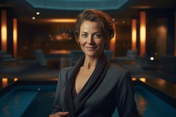 Portrait of a satisfied woman in her 50s wearing a professional suit jacket against a soothing spa...