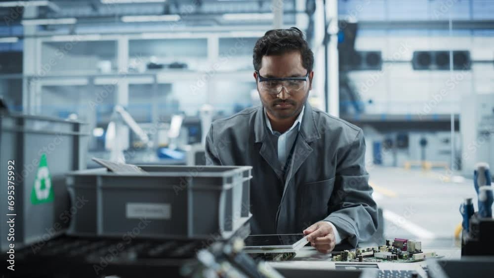 Aufkleber Indian Male Worker Disassembling Old Laptops To Recycle Electronic Components For Microchip Production At Automated Electronics Factory With Robotic Arms. Man Unscrewing Displays And Sorting Them.