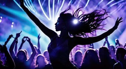 A girl dancing on a blue-blue background and people's hands